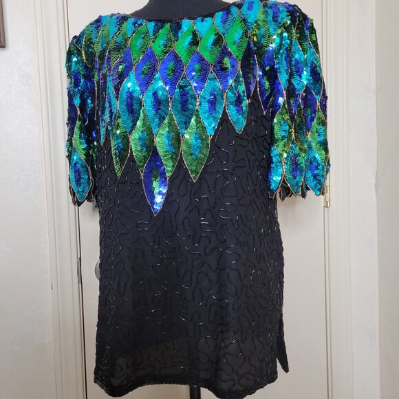 VTG Praise Hymn Fashions Pure Silk Sequin Beaded Green Blue Formal Blouse Top✨️M - Picture 16 of 16